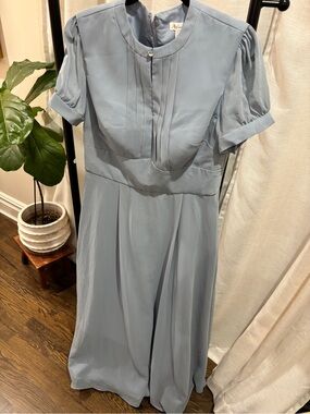 Vintage-Inspired Light Blue Midi Dress with Pleated Bodice (sash attached)